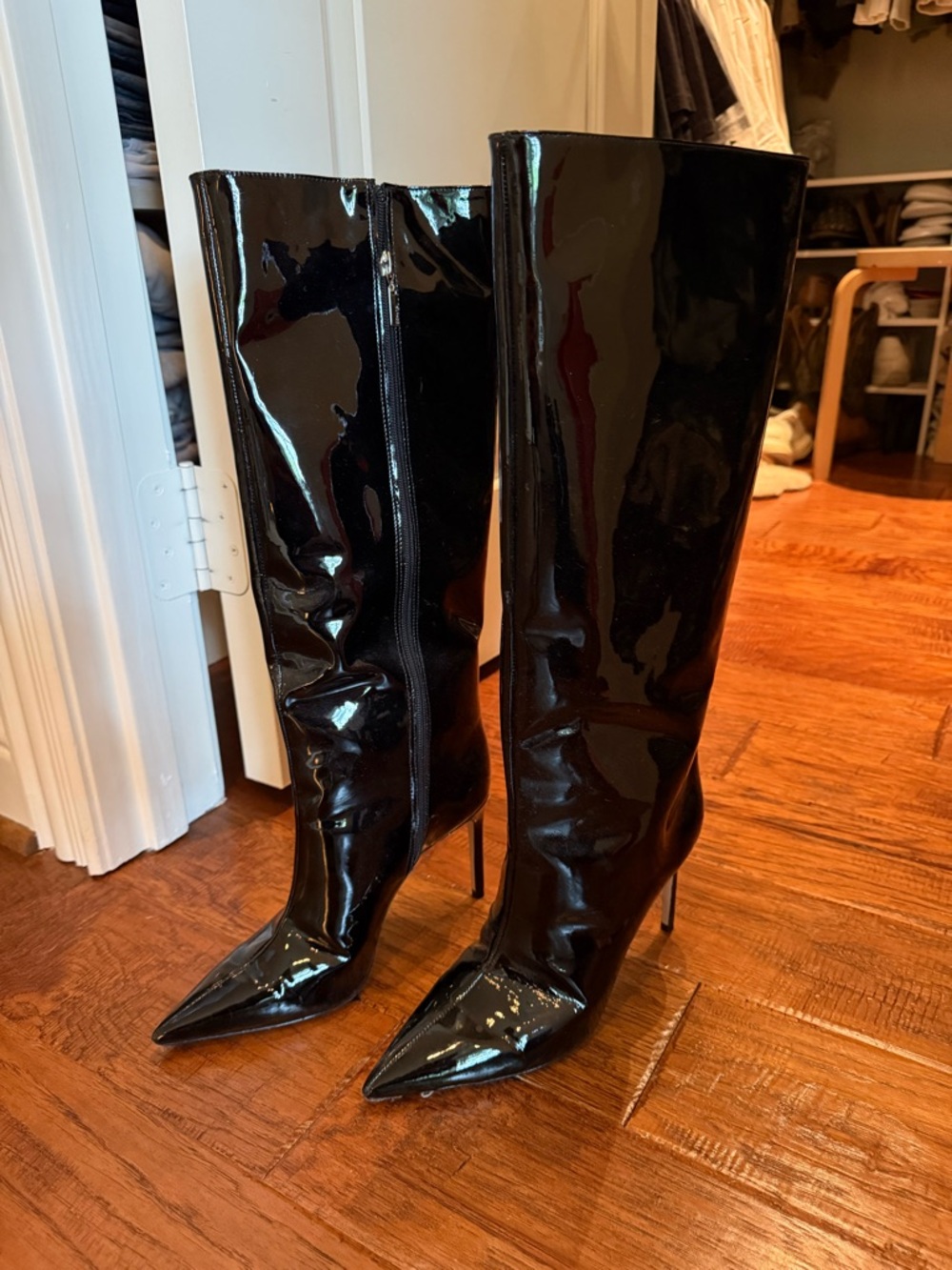 SCHUTZ Black Patent Pointed-Toe Knee-High Stiletto Boots